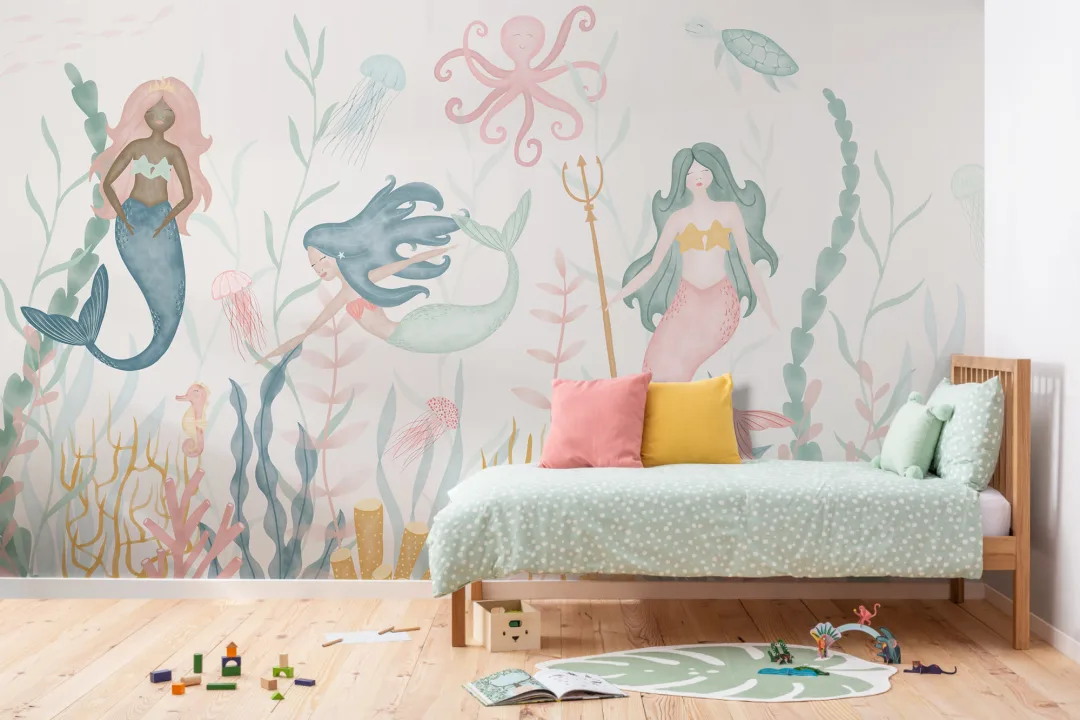 Underwater Modern Mermaids Pastel Watercolor Wallpaper Mural