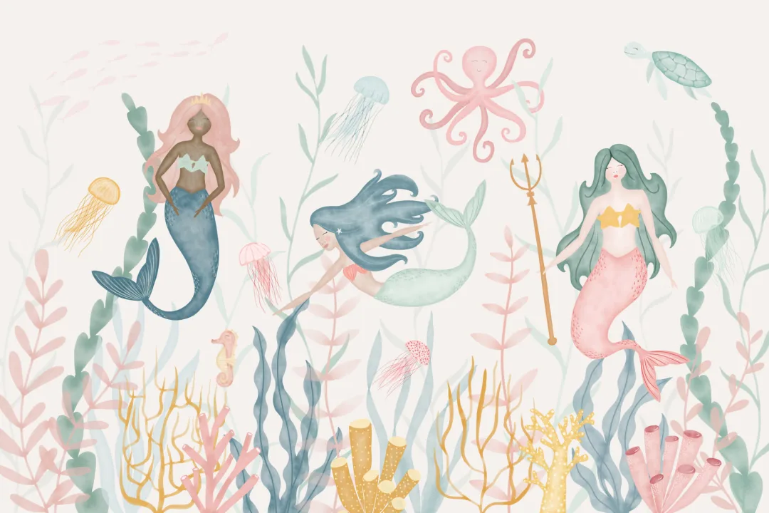 Underwater Modern Mermaids Pastel Watercolor Wallpaper Mural