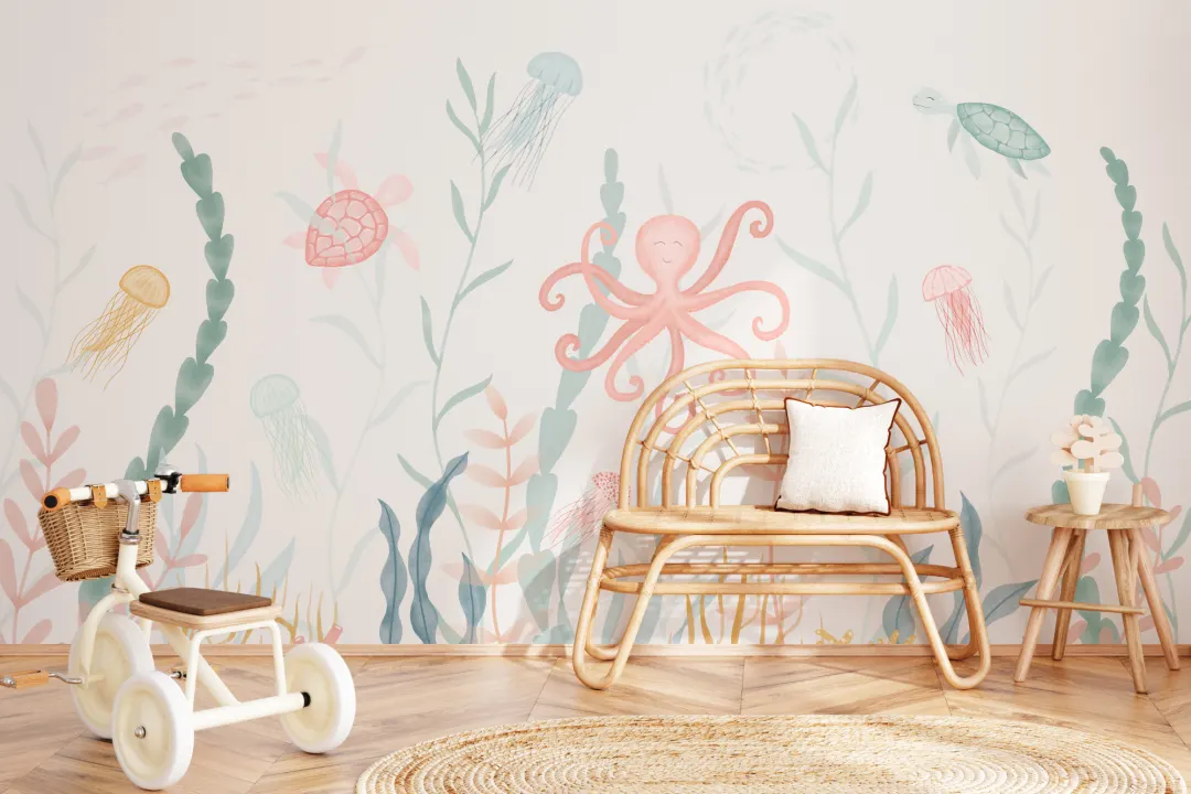 Painted Underwater Sea Life Scene Pastel Watercolor Wallpaper Mural