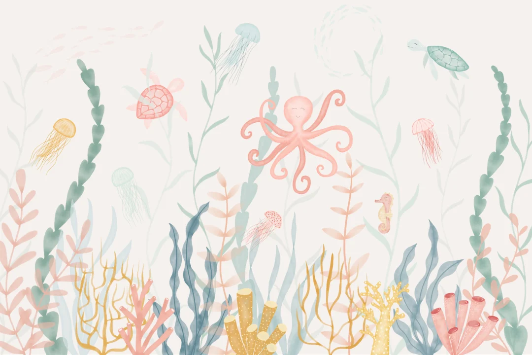 Painted Underwater Sea Life Scene Pastel Watercolor Wallpaper Mural