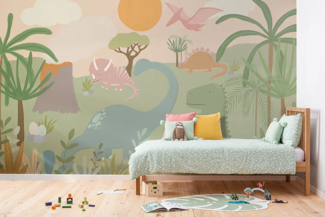 Mural Papel Pintado Infantil con Ilustraciones de Dinosaurios en Verde y Naranja