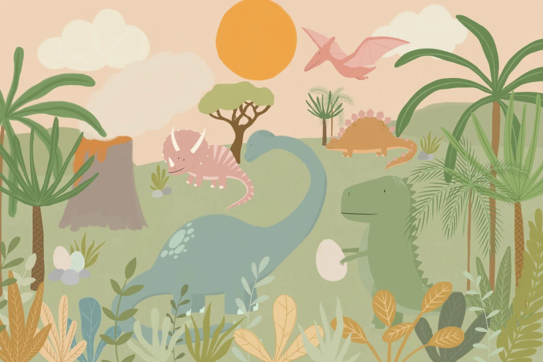 Mural Papel Pintado Infantil con Ilustraciones de Dinosaurios en Verde y Naranja