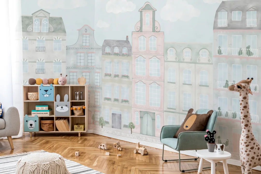 Aquarell Fototapete mit Stadt-Häuserreihe für Kinder in Pastell
