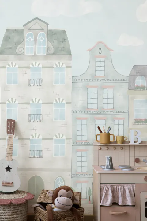 Pastel Watercolor Kids City Landscape Wallpaper Mural