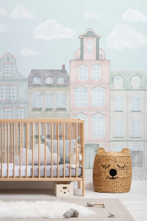 Pastel Watercolor Kids City Landscape Wallpaper Mural