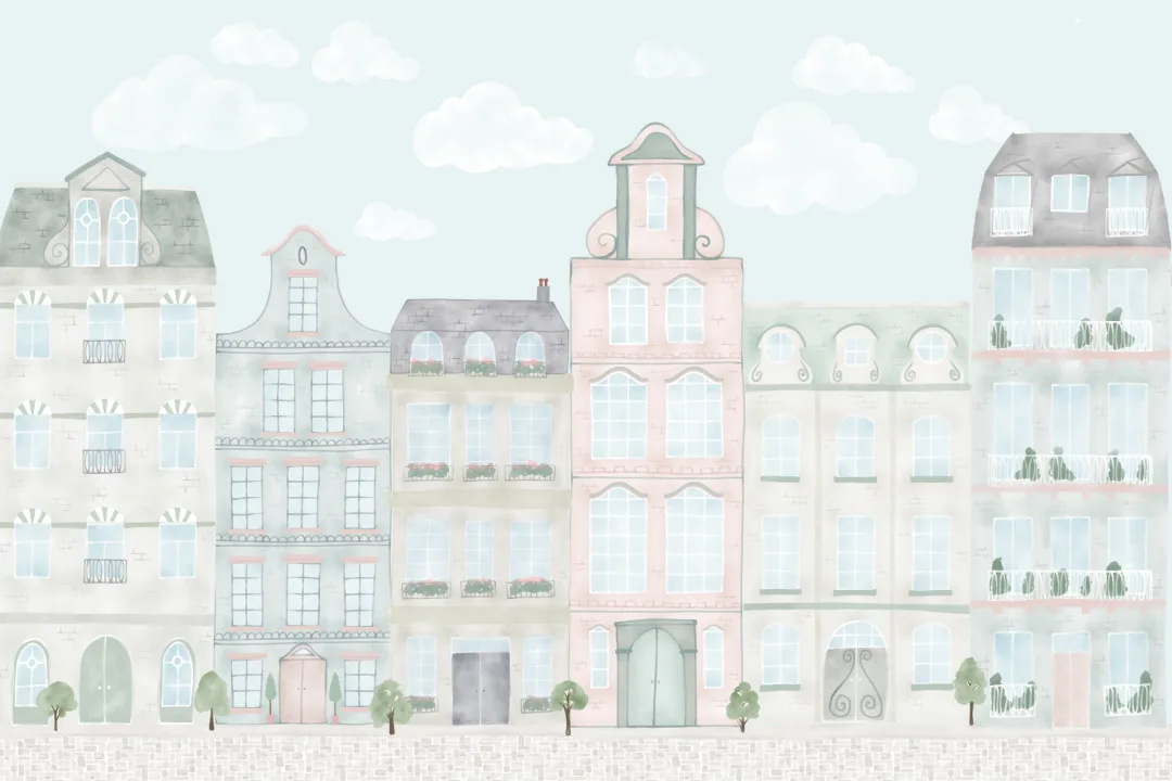 Pastel Watercolor Kids City Landscape Wallpaper Mural