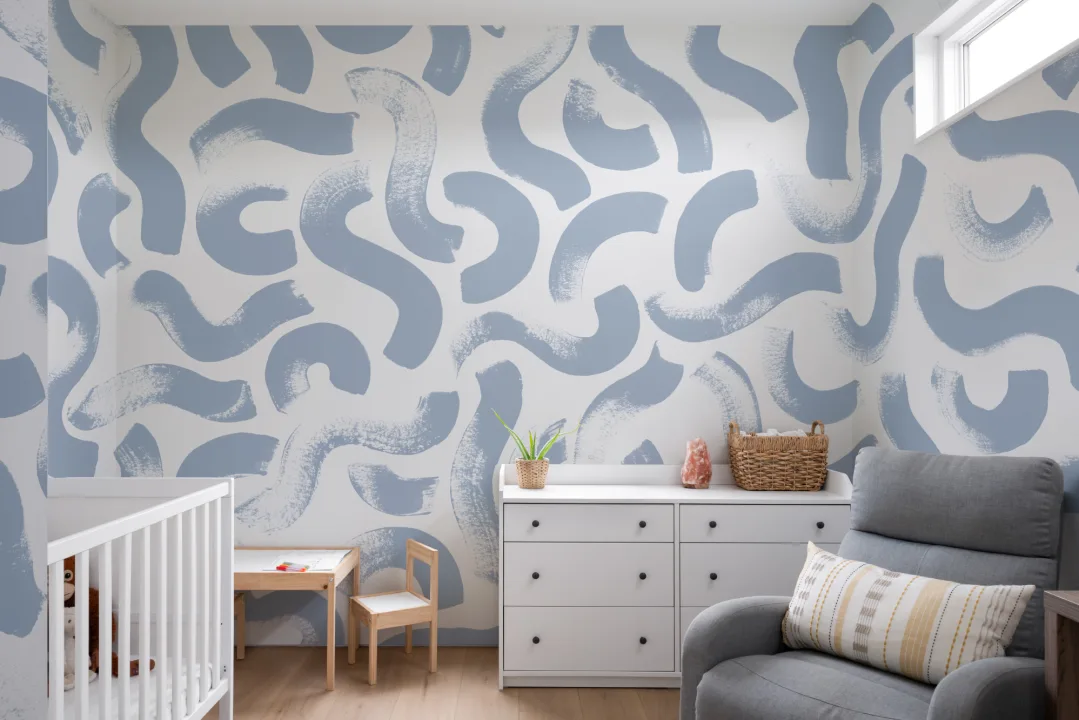 Hand-Painted Wiggle Pattern Wall Mural in Cool Blue