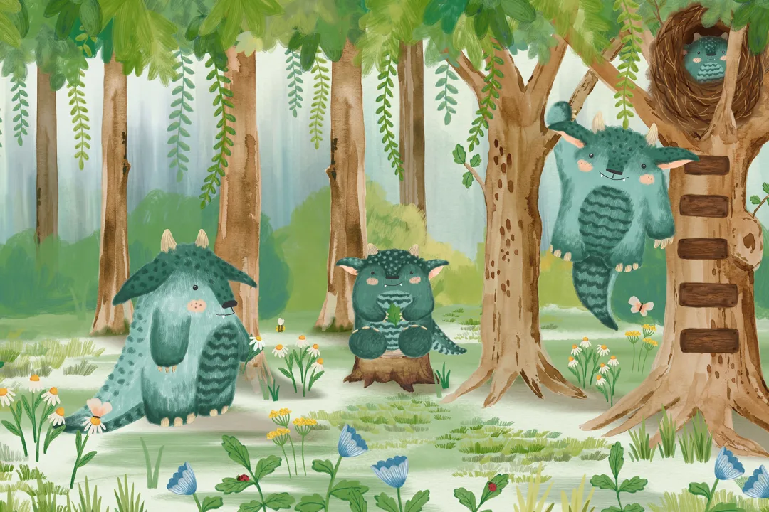 Mural infantil con pequeños monstruos en el bosque