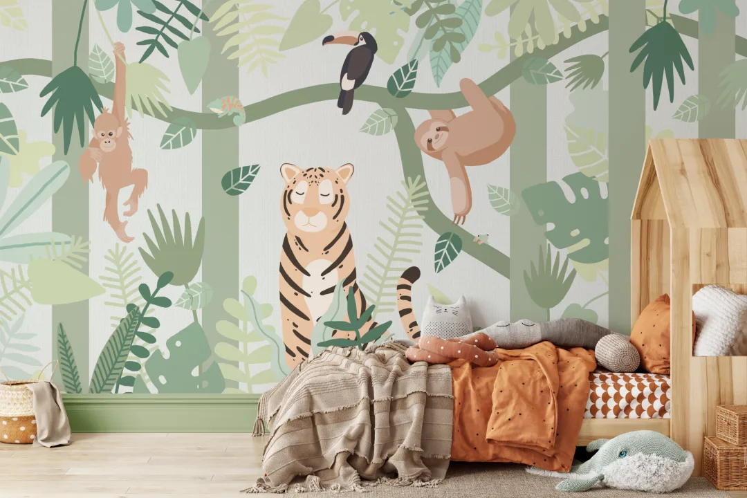 Amigos animales de la jungla mural verde para niños