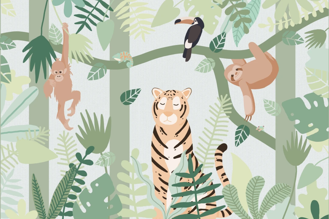 Amigos animales de la jungla mural verde para niños