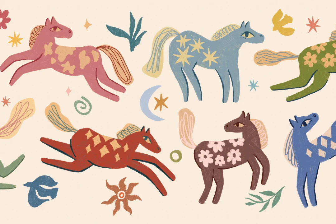 Papier peint panoramique multicolore sur les animaux de l'enfance (poney)