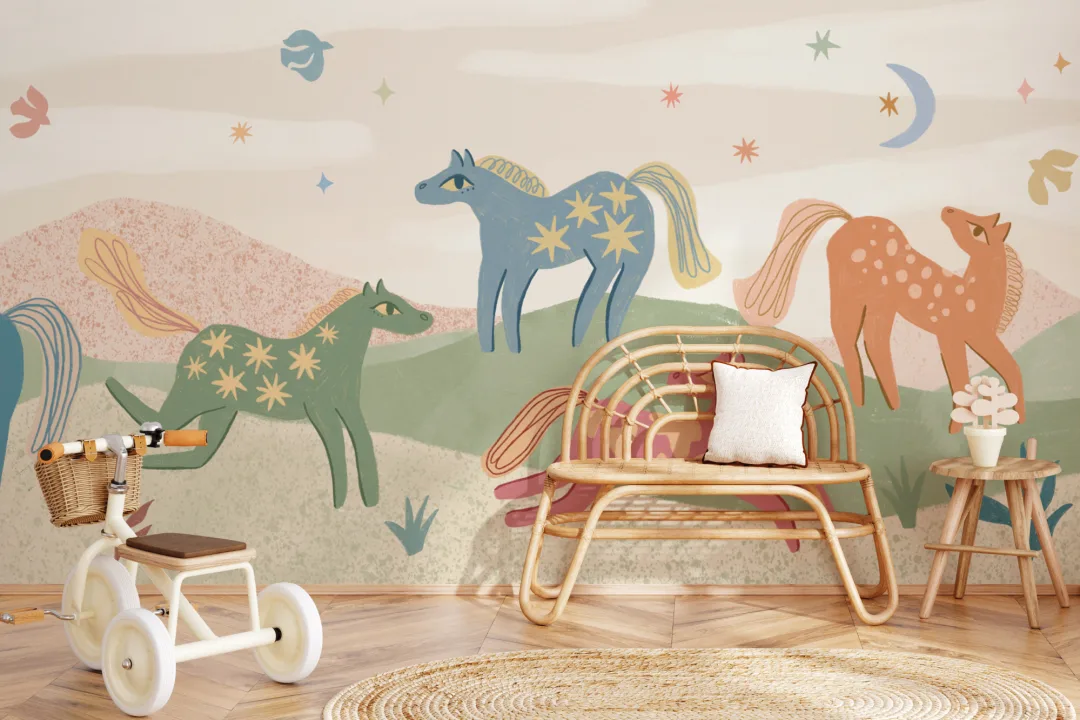 Multicolor Celestial Fantasy Kids' Horse Adventure Mural