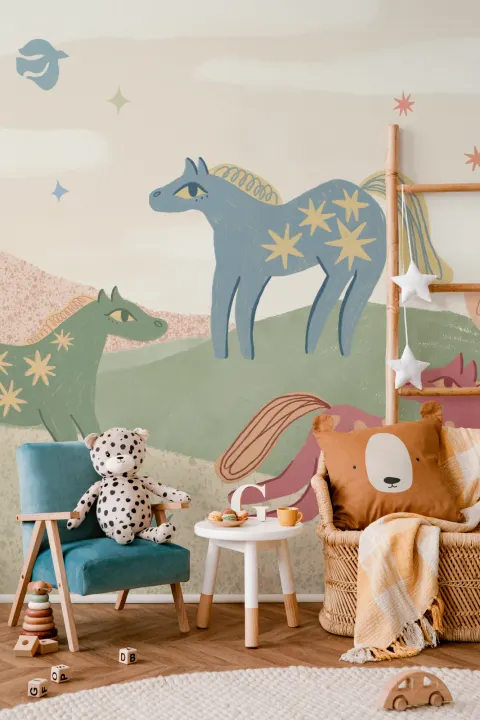 Multicolor Celestial Fantasy Kids' Horse Adventure Mural