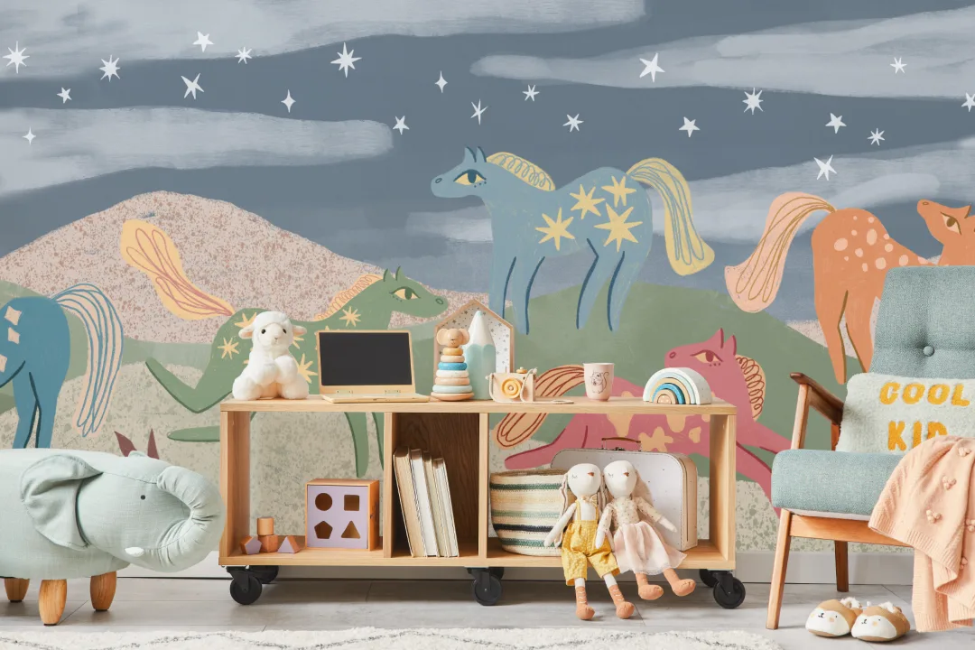Mural infantil multicolor de aventuras con caballos fantásticos