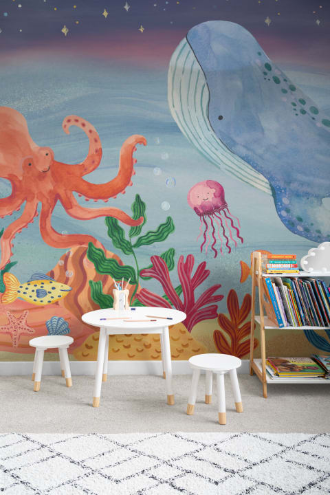 Murales de papel pintado infantiles de aventura submarina multicolor