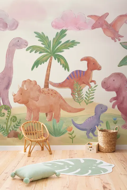 Murales de papel pintado Paraíso de dinosaurios en tonos pastel para una aventura llena de alegría