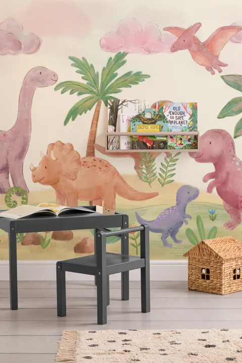 Kids' Pastel Dinosaur Paradise Mural for Joyful Adventure