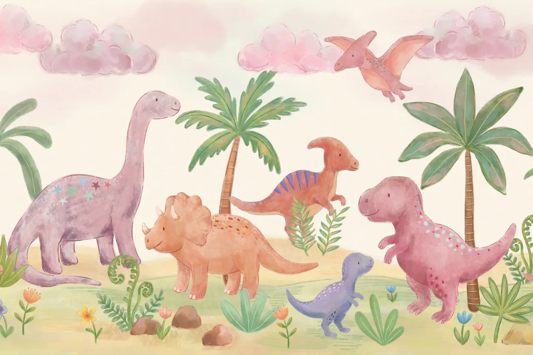 Murales de papel pintado Paraíso de dinosaurios en tonos pastel para una aventura llena de alegría
