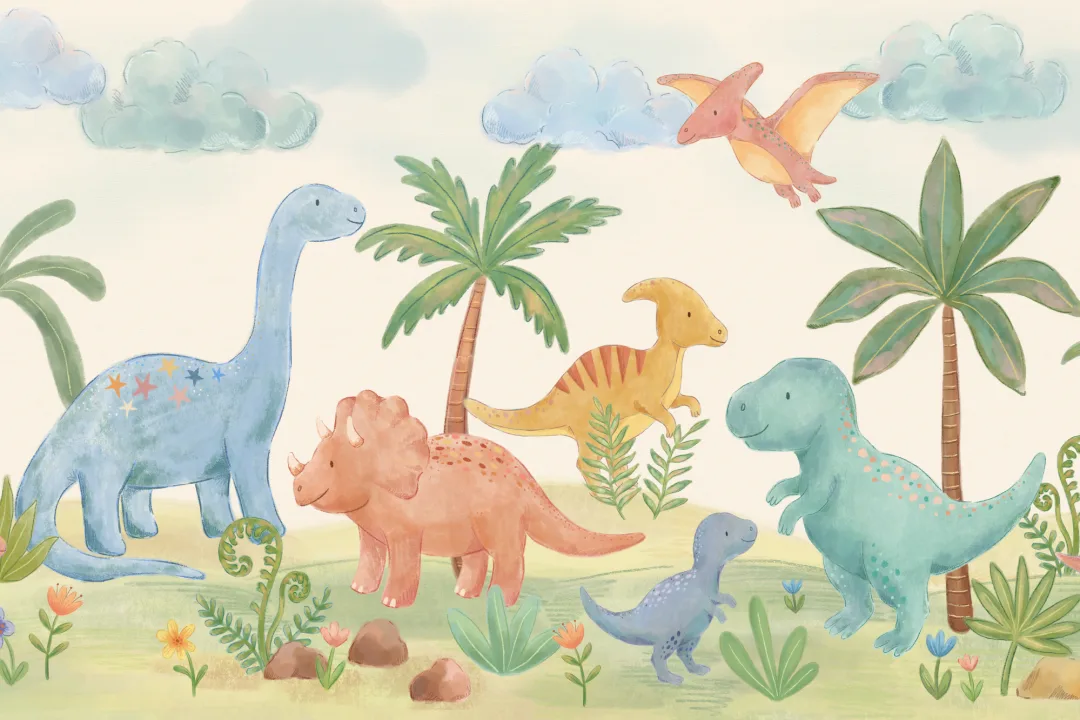 Murales de papel pintado Dinosaur Paradise multicolor para espacios de juego