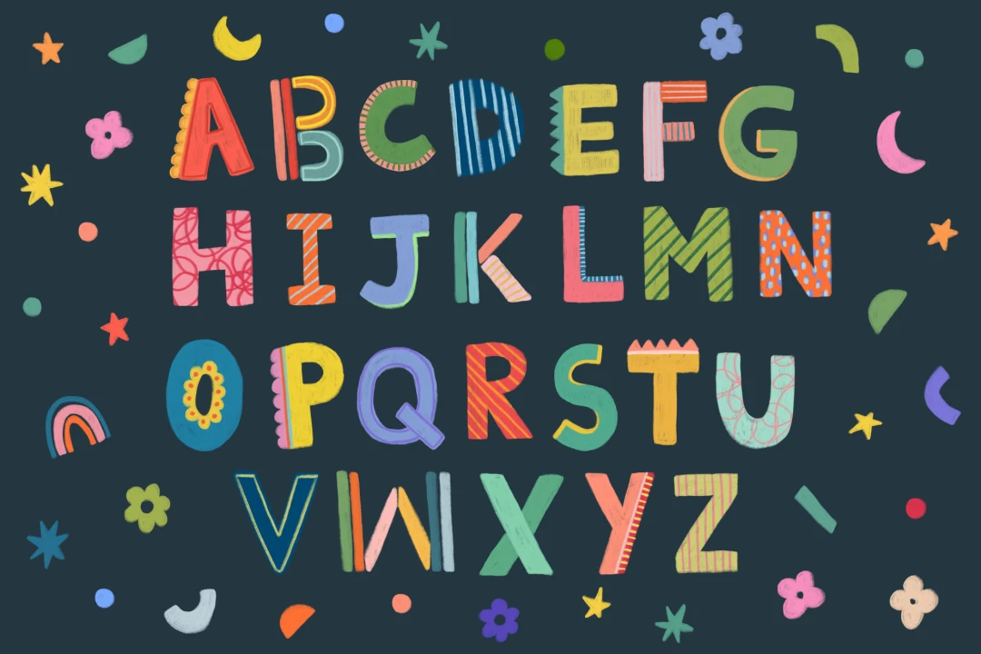 Mural infantil con letras coloridas en azul marino