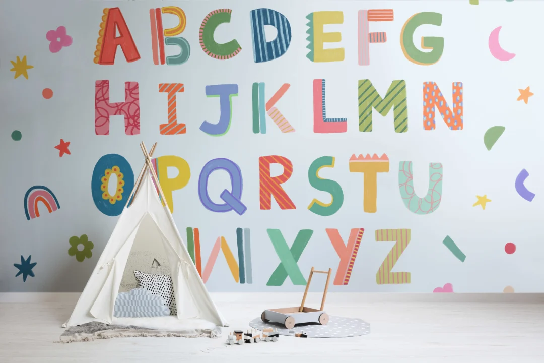 Mural alfabético de colores azul para niños
