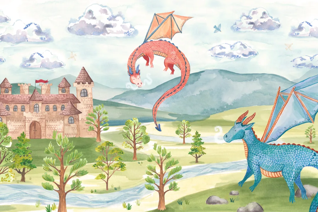 Kids Watercolor Dragons & Castle Mural