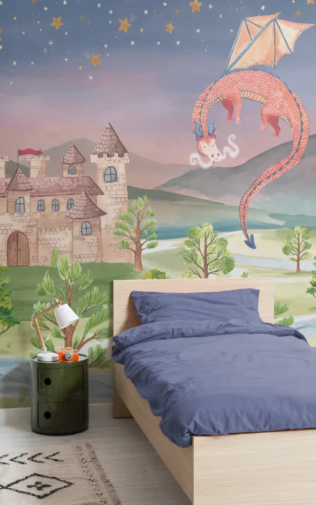 Papel pintado infantil de acuarela Cielo estrellado Dragones y castillo