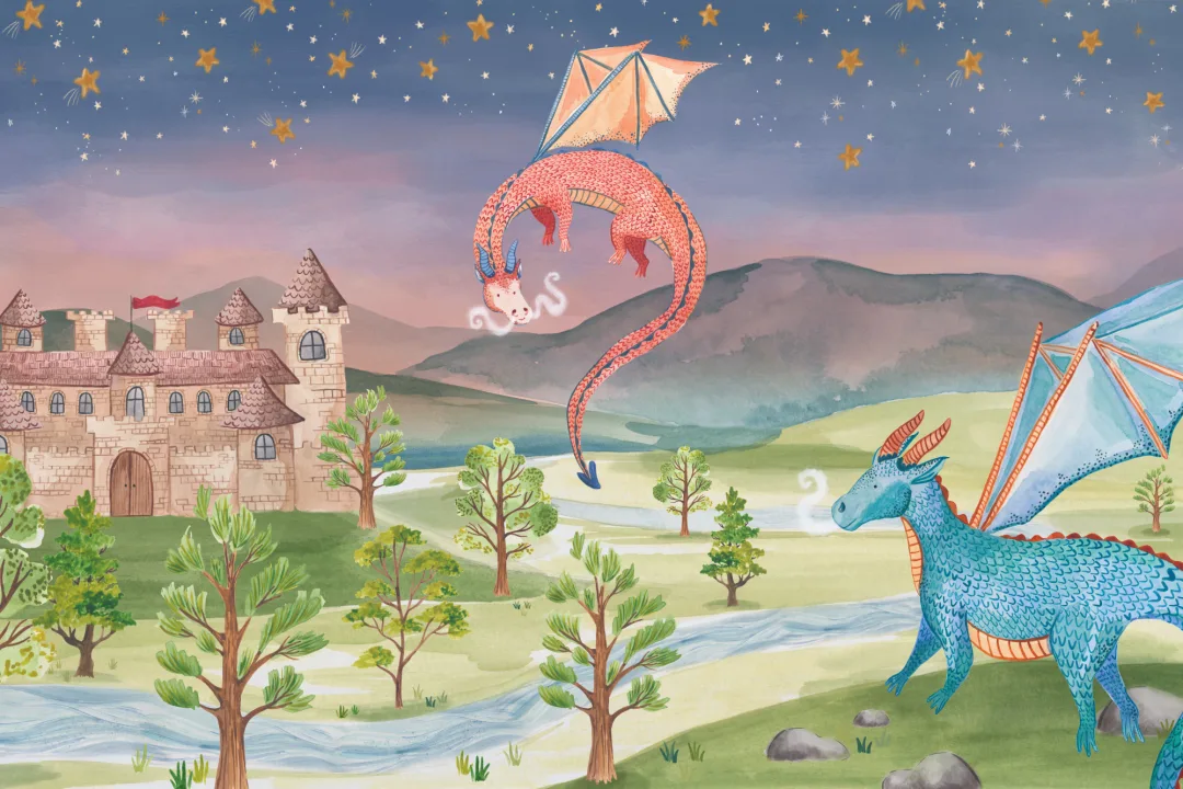 Kids Starry Sky Watercolor Dragons & Castle Mural