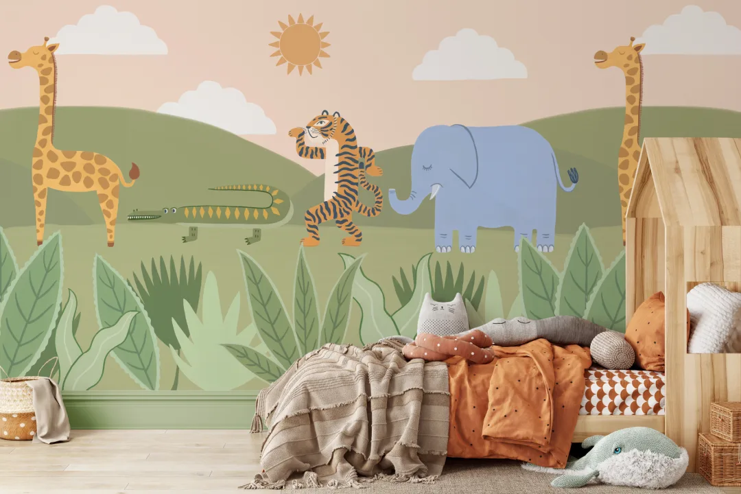 Kids Playful Dancing Jungle Animals Mural