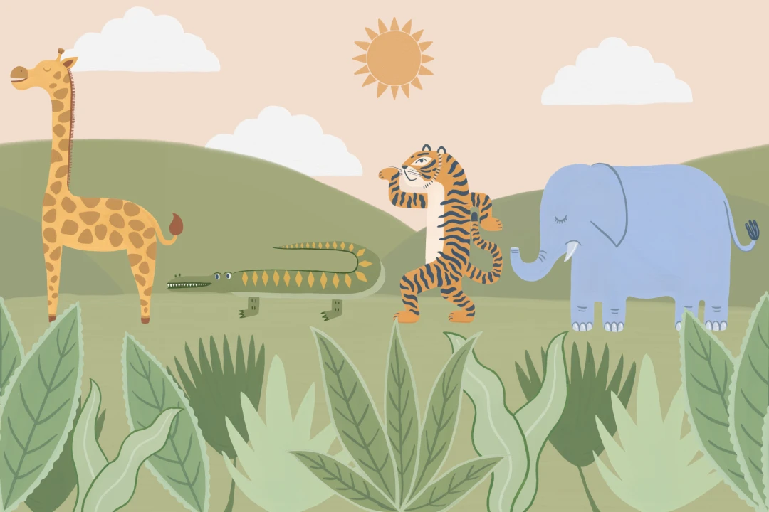 Mural infantil de animales de la selva juguetones y bailarines