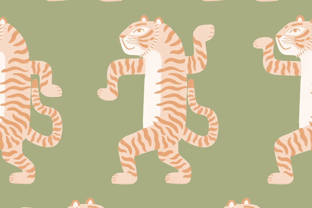 Pink & Green Dancing Tiger Mural