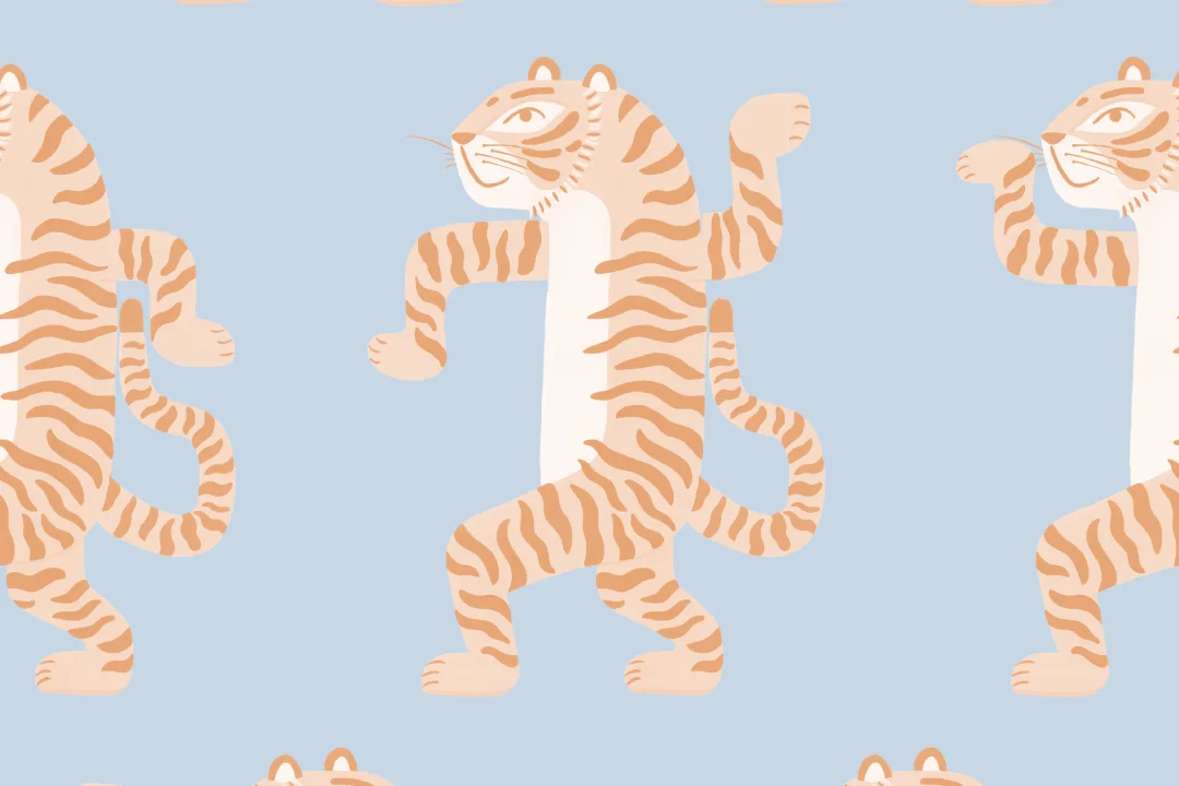 Mural del tigre bailarín naranja y azul