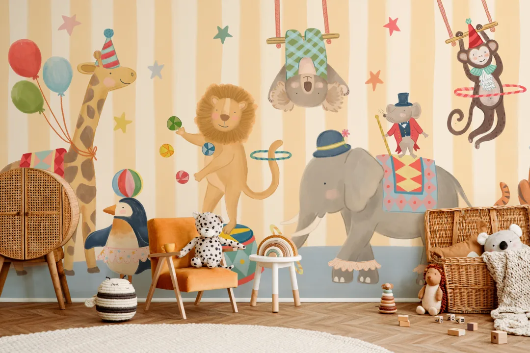 Kids Yellow Stripe Animal Circus Show Mural