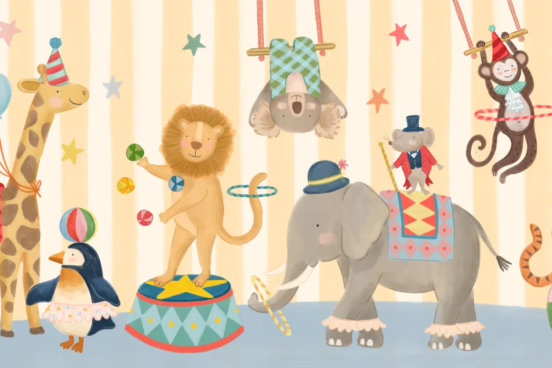 Barn Gul Stripe Animal Circus Show veggmaleri