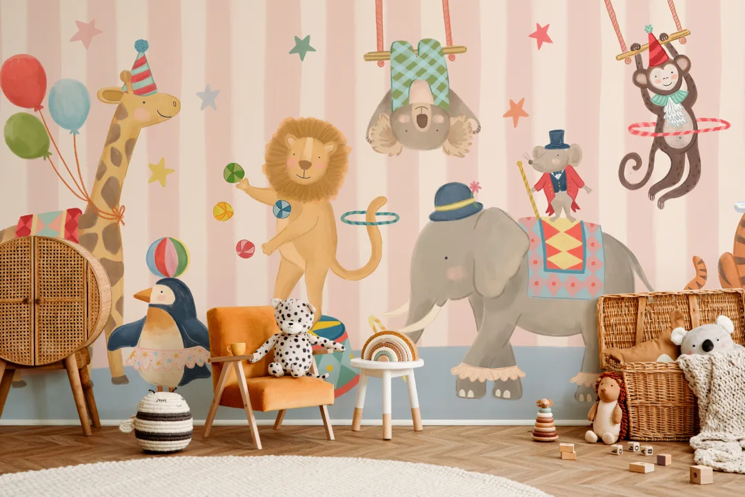 Kids Pink Stripe Animal Circus Show Mural