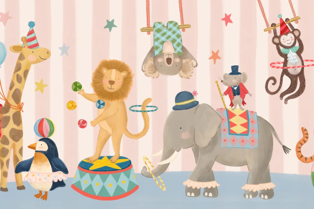 Kids Pink Stripe Animal Circus Show Mural