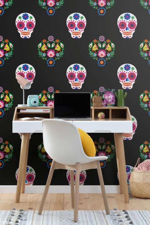 Skull Floral Repeat Pattern Wallpaper