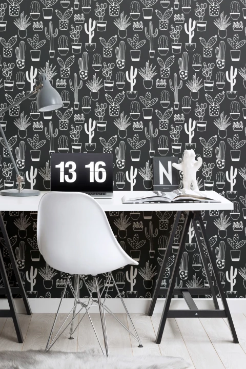 Naïve Cactus Black & White Repeat Pattern Wallpaper