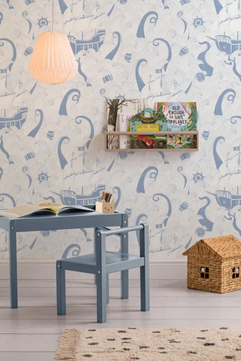 Blue & White Pirate Ship Pattern Wallpaper Mural