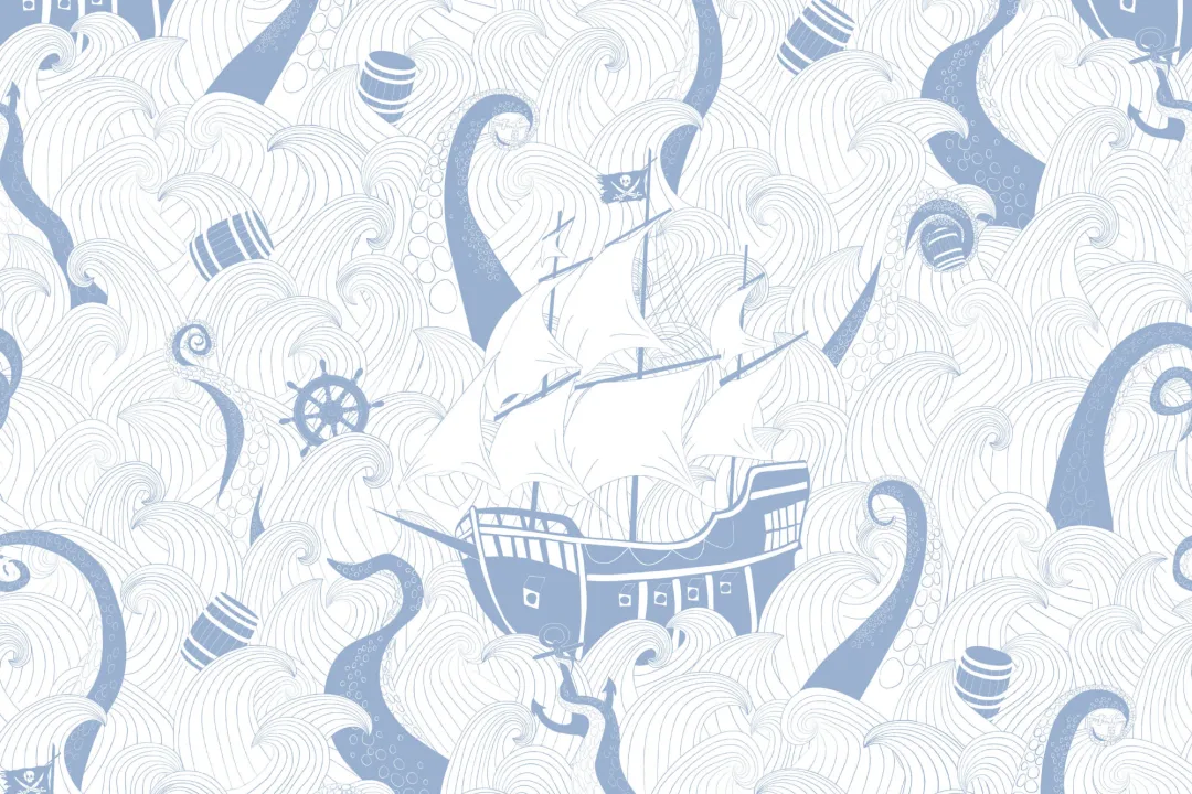 Mural Papel Pintado Infantil Blanco y Azul con Motivos de Barco Pirata