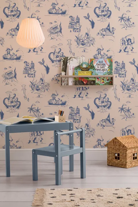 Blue Pirate Ship & Treasure Pattern Wallpaper Mural