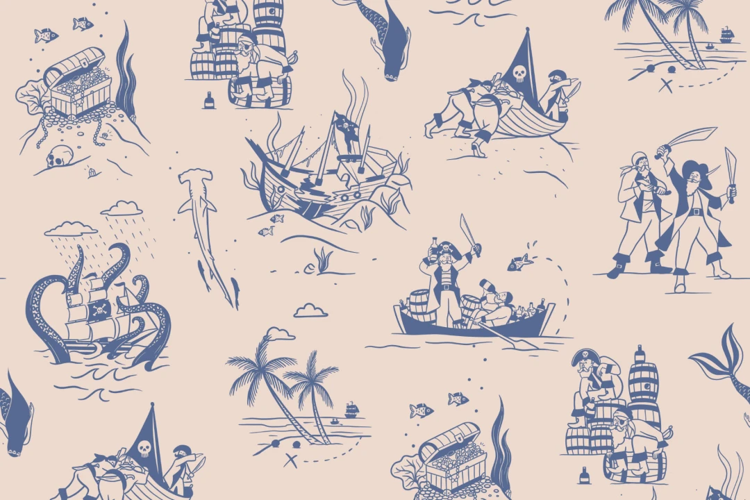 Mural Papel Pintado Azul y Crema Ilustrado con Motivos de Escenas Piratas