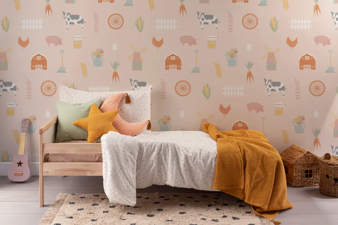 Mural Papel Pintado Colorido para Niños con Motivo de Ilustraciones de Casa de Campo