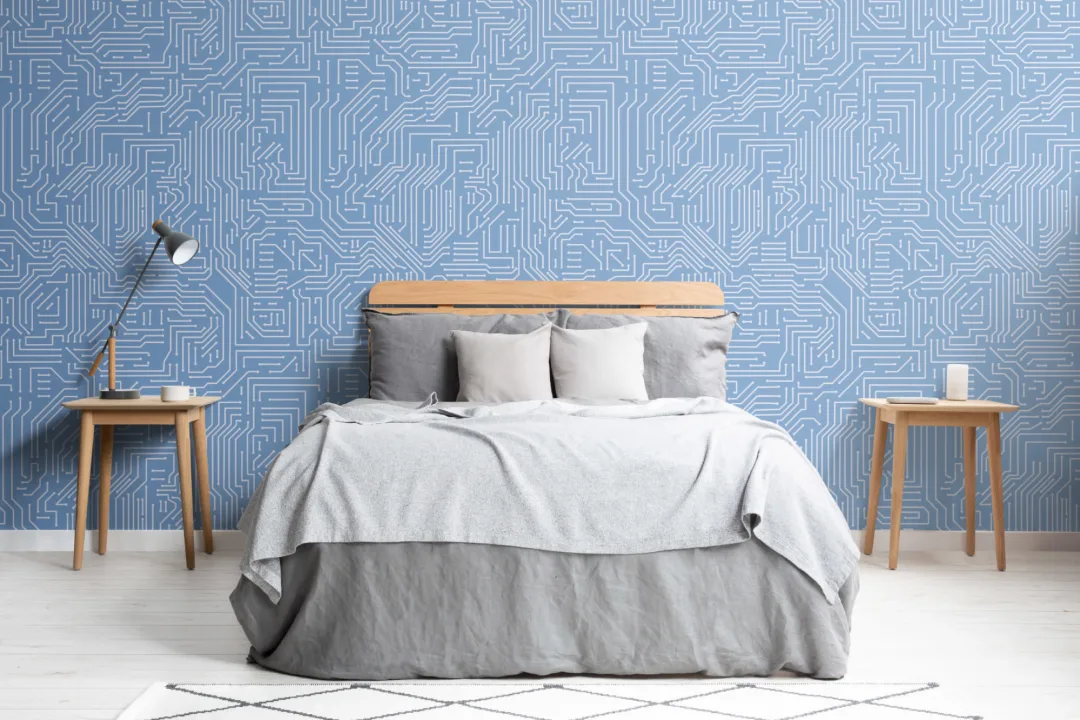 Mural Papel Pintado Azul y Blanco con Dibujo de Placa de Circuito Impreso