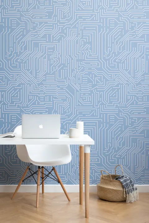 Mural Papel Pintado Azul y Blanco con Dibujo de Placa de Circuito Impreso
