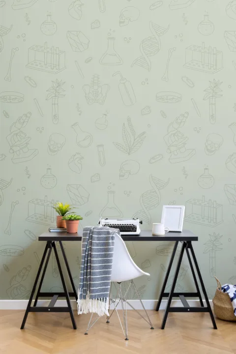 Mural Papel Pintado Verde con Ilustraciones de Ciencias