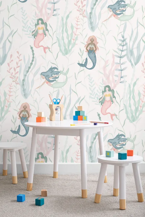 Pastel Watercolor Mermaid Modern Repeat Pattern Wallpaper