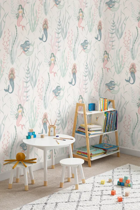 Pastel Watercolor Mermaid Modern Repeat Pattern Wallpaper