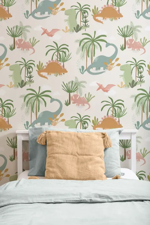 Kids Cute Cartoon Dinosaur Repeat Pattern Wallpaper