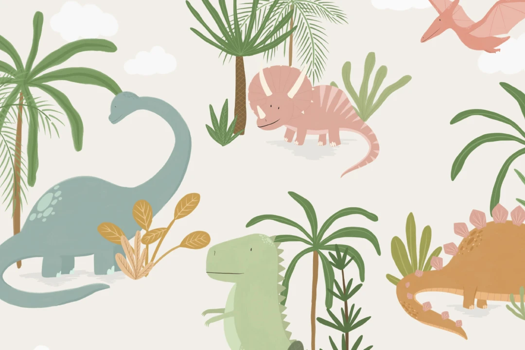 Kids Cute Cartoon Dinosaur Repeat Pattern Wallpaper